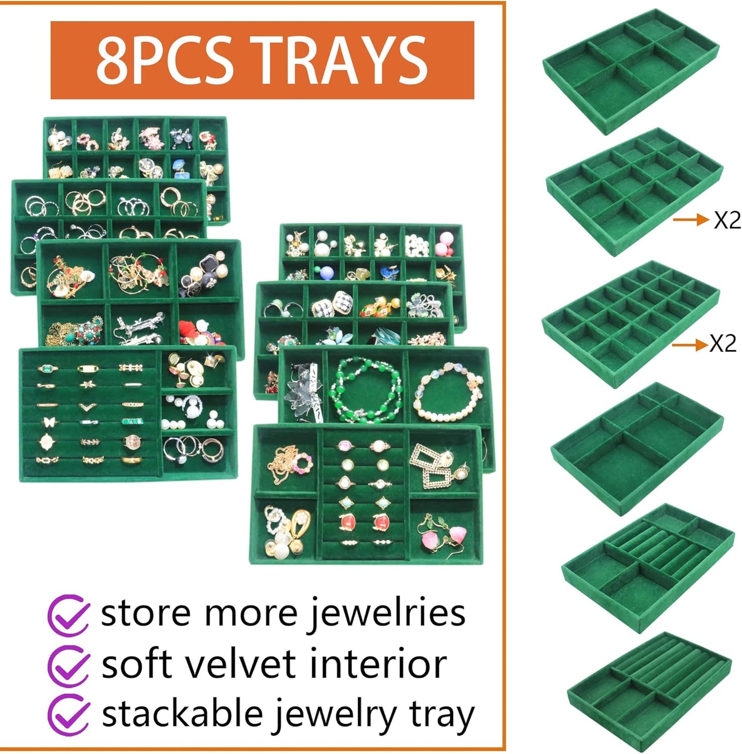 Jewelry Trays Organizer Set of 8 Stackable Jewellry Organizer Trays for Drawers Jewelryy Display Necklace Earring Bracelet