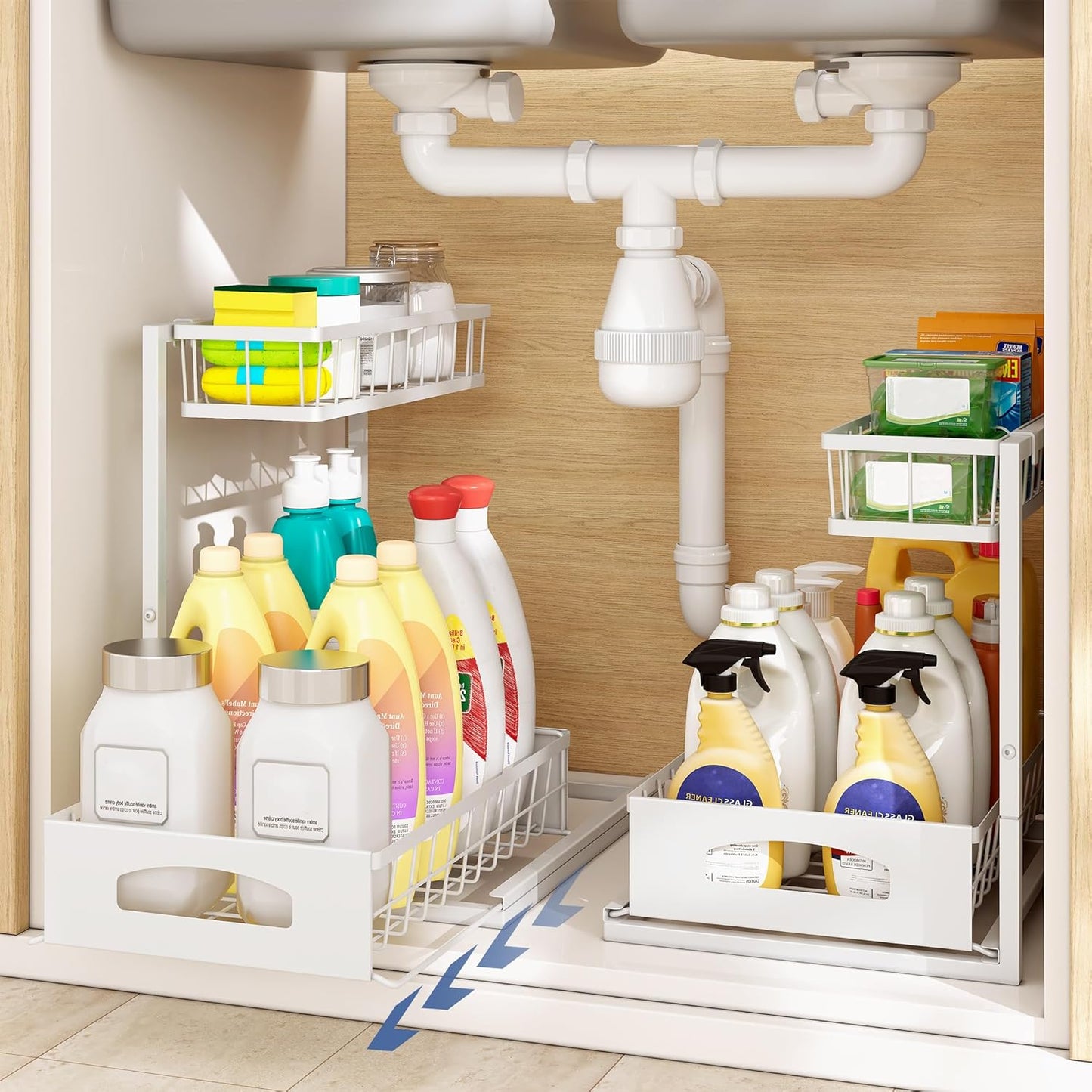 Under Sink Organizer, 2 Pack Height Adjustable Cabinet Organizer with Slide Out Drawer, Pull Out Under Sink Storage, Multi-Purpose 2 Tier Sink Shelves for Kitchen Bathroom Pantry (White, 2 Pack)