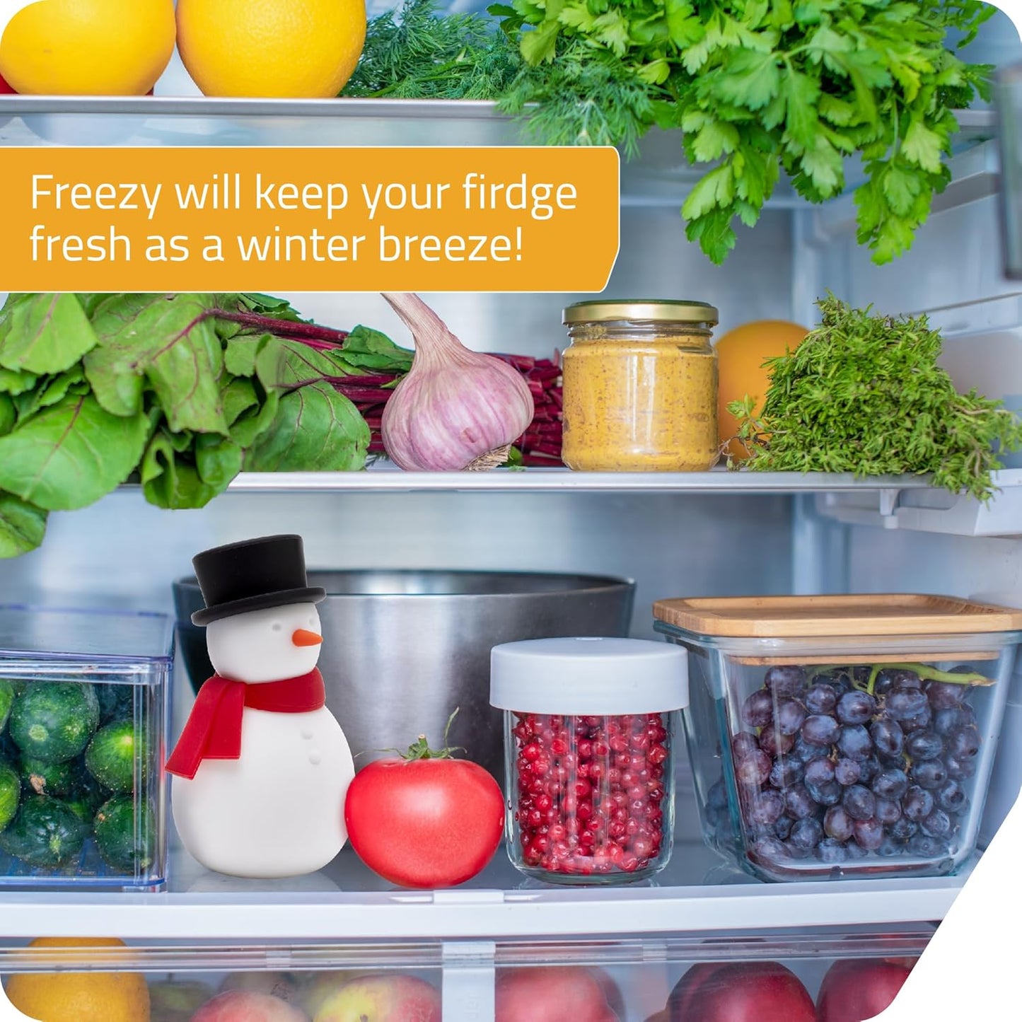 NEW - Peleg Design Freezy Fridge Deodorizer Odor Eliminator - Cute Snowman Baking Soda Container, Reusable Silicone Refrigerator Freshener, Fun Kitchen Gadget for Home Improvement