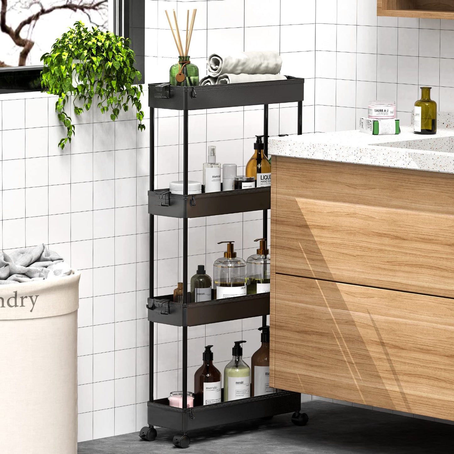SPACEKEEPER Slim Rolling Storage Cart, 4 Tier Bathroom Cart Organizer,Black