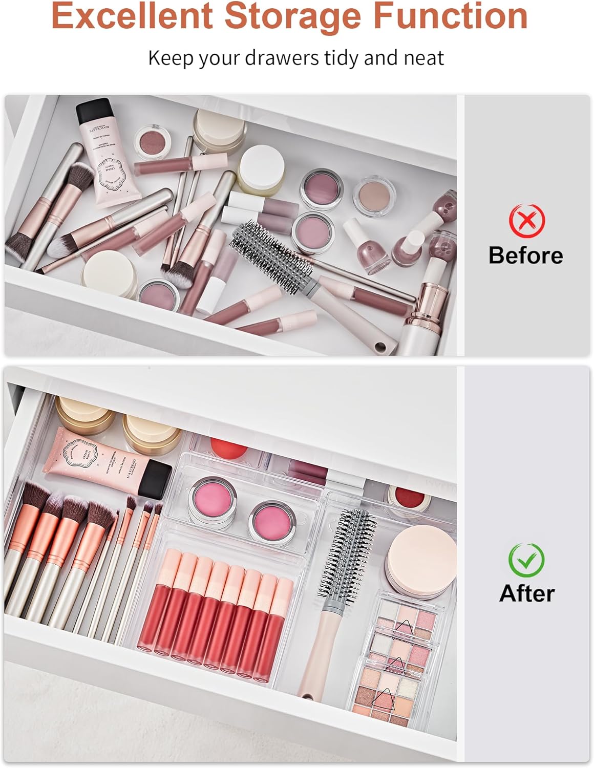 SMARTAKE 20-Piece Drawer Organizer with Non-Slip Silicone Pads, 7-Size Desk Drawer Organizer Trays Storage Tray for Makeup, Jewelries, Utensils in Bedroom Dresser, Office and Kitchen (Clear)