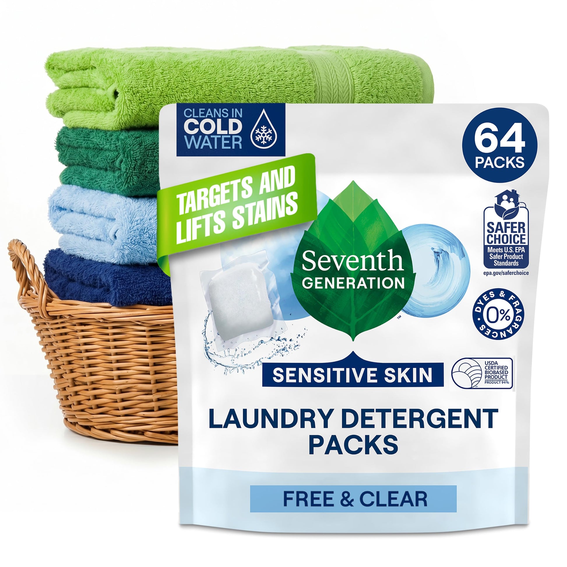 Seventh Generation Laundry Detergent Packs, Free & Clear, Made for Sensitive Skin, EPA Safer Choice