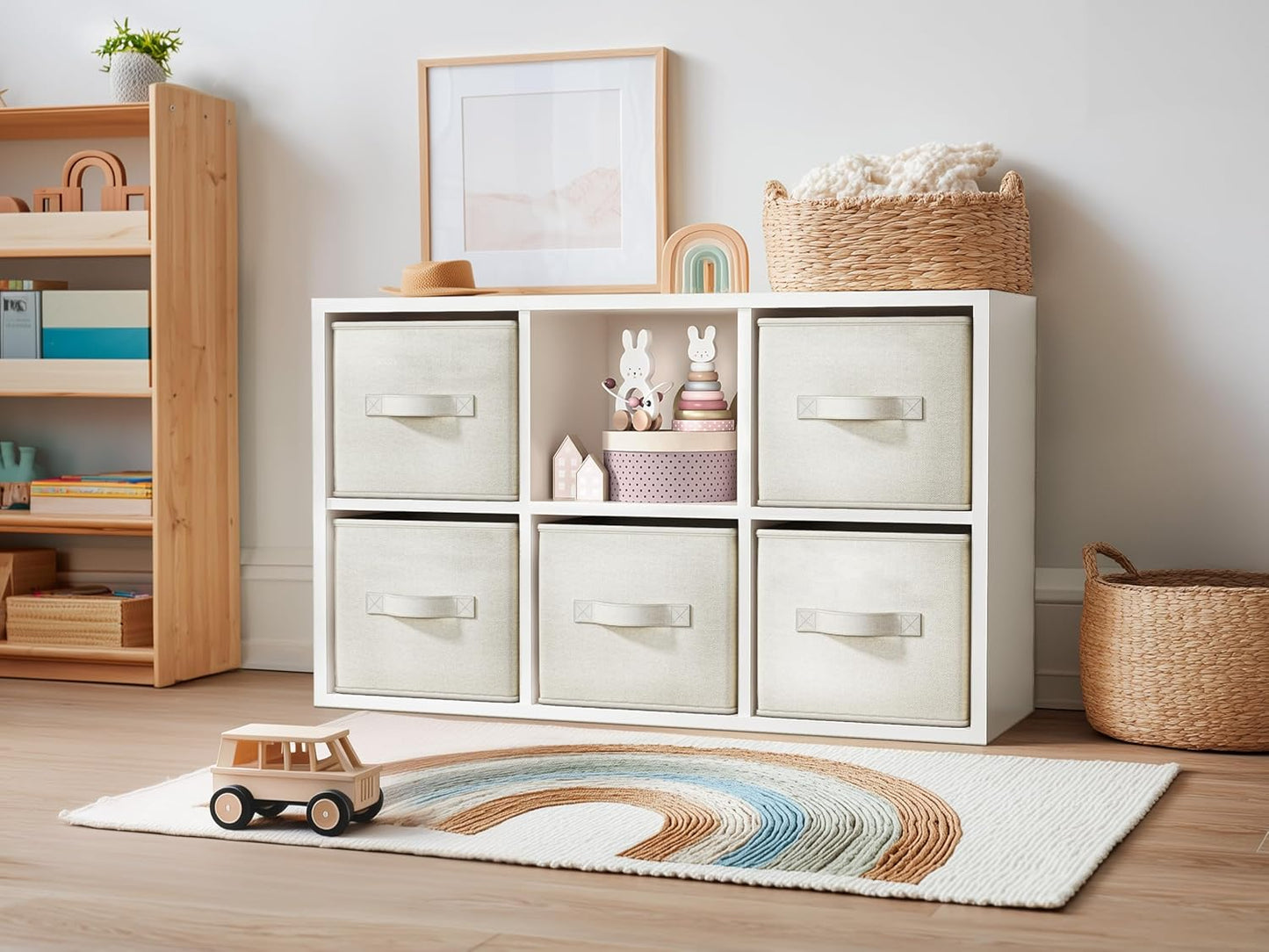 4 Pack Foldable Fabric Closet Storage Bins, 11Inch Organizer Cubes with Handles, Linen Storage Boxes for Clothes, Toys, Books and Home Organization, White& Ivory