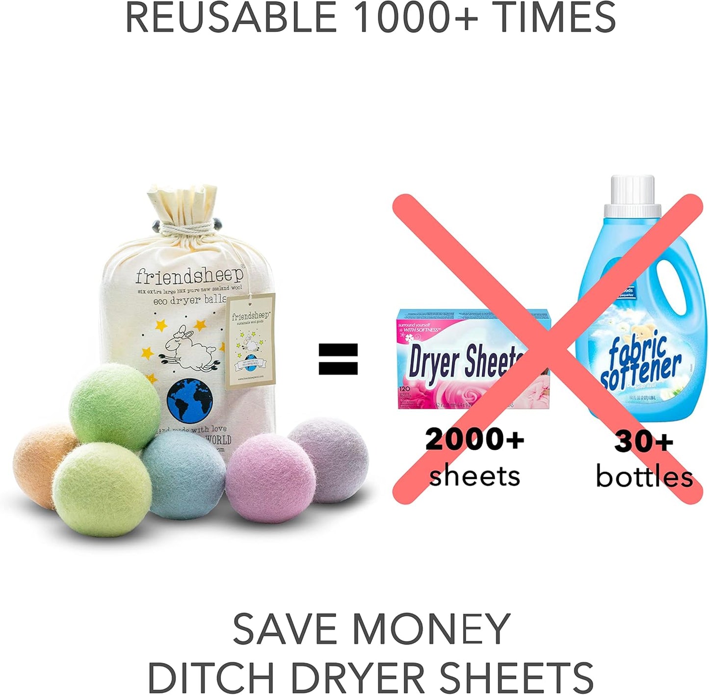 Friendsheep Wool Dryer Balls Organic Lavender 6 Pack XL Premium Reusable Cruelty Free Handmade Fair Trade No Lint Fabric Softener Pastel Rainbow Color - Spring Magic