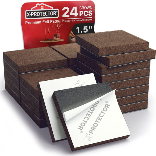 24 Heavy-Duty Felt Furniture Pads 1.5” 1/4” Thick X-Protector! Square Felt Pads for Furniture Feet - The Best Felt Floor Protectors for Furniture to Prevent Scratches. Protect Your Hard Floor! (Brown)
