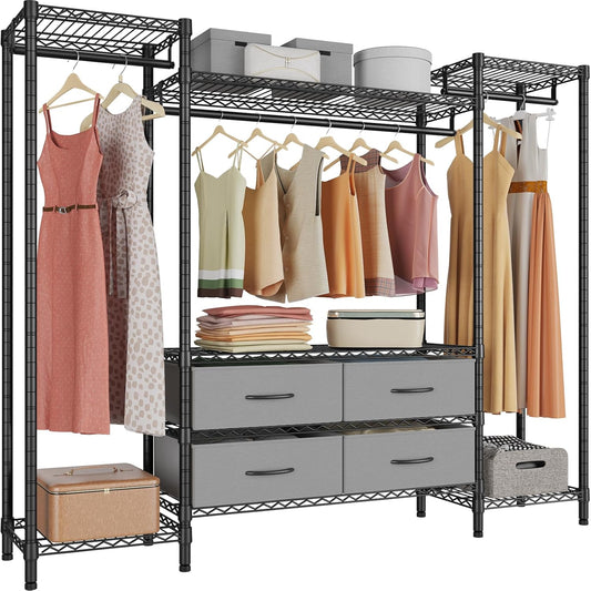 VIPEK V20 Wire Garment Rack Heavy Duty Clothes Rack, Metal Clothing Rack with 6 Shelves, 3 Hang Rods & 4 Fabric Drawers, Compact Wardrobe Closet, 56.7" L x 14.6" W x 70.9" H, Black