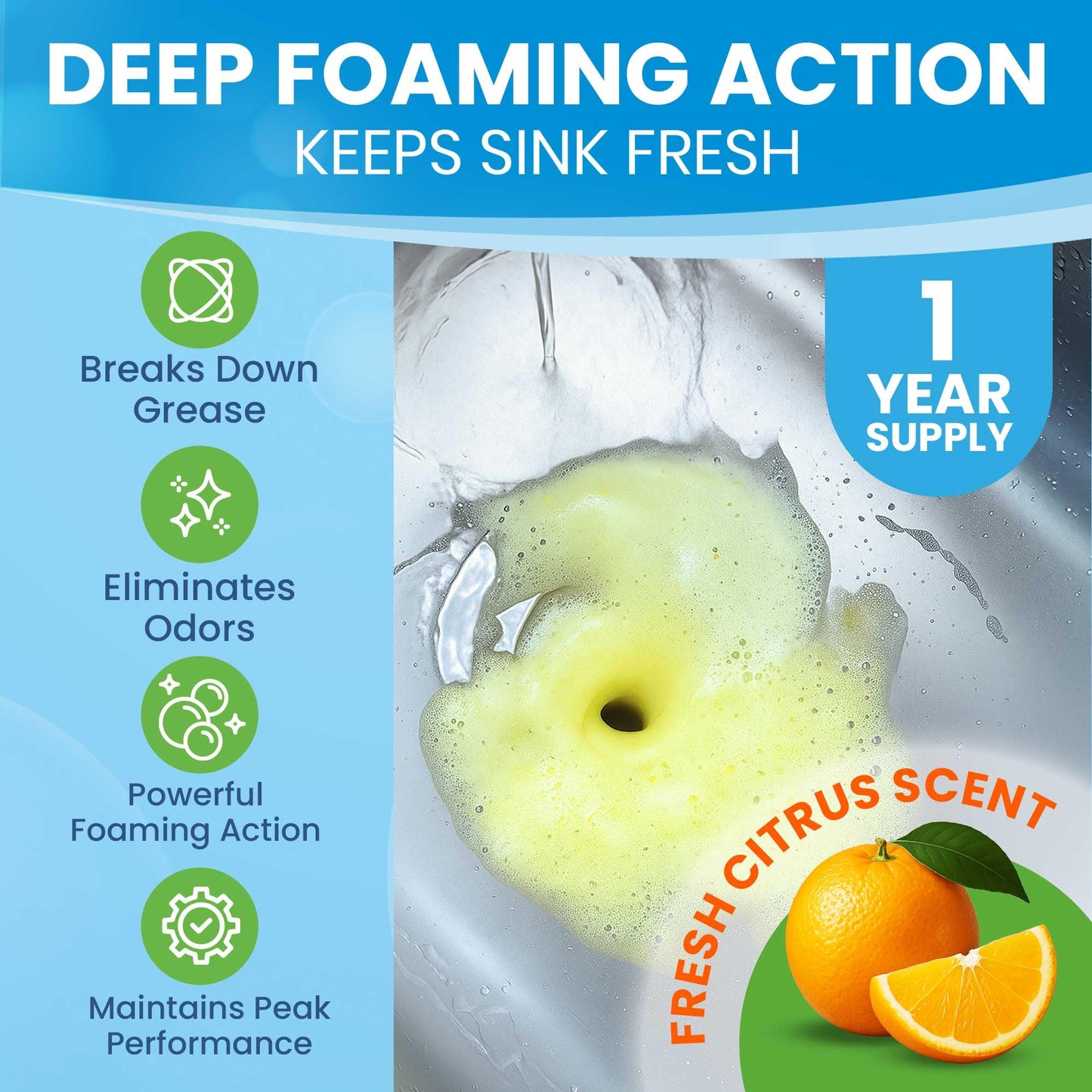Garbage Disposal Cleaner & Deodorizer Tablets, XL Foaming Citrus, 24 Ct