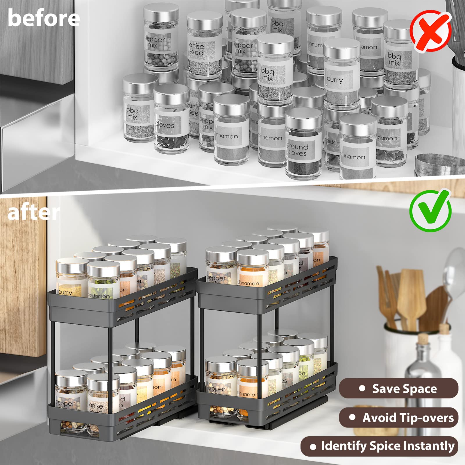 Pull Out Spice Rack Organizer for Cabinet, 3 Packs Slide Out Spice Racks Organizer, Spice Cabinet