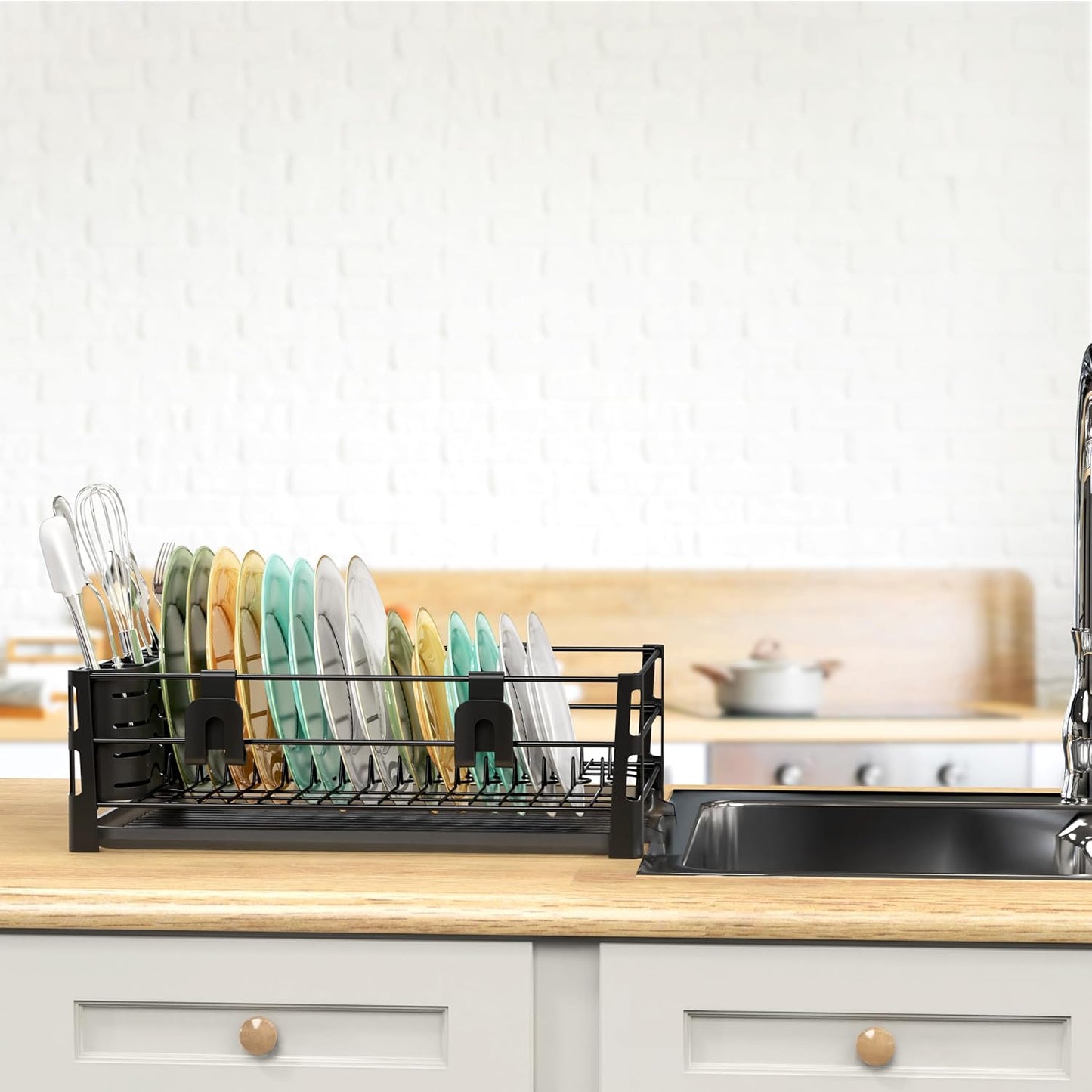 SIMPLE HOUSEWARE Dish Drying Rack with Drainboard, Utensil Holder & Mug Hooks, Black Metal Kitchen Counter Organizer
