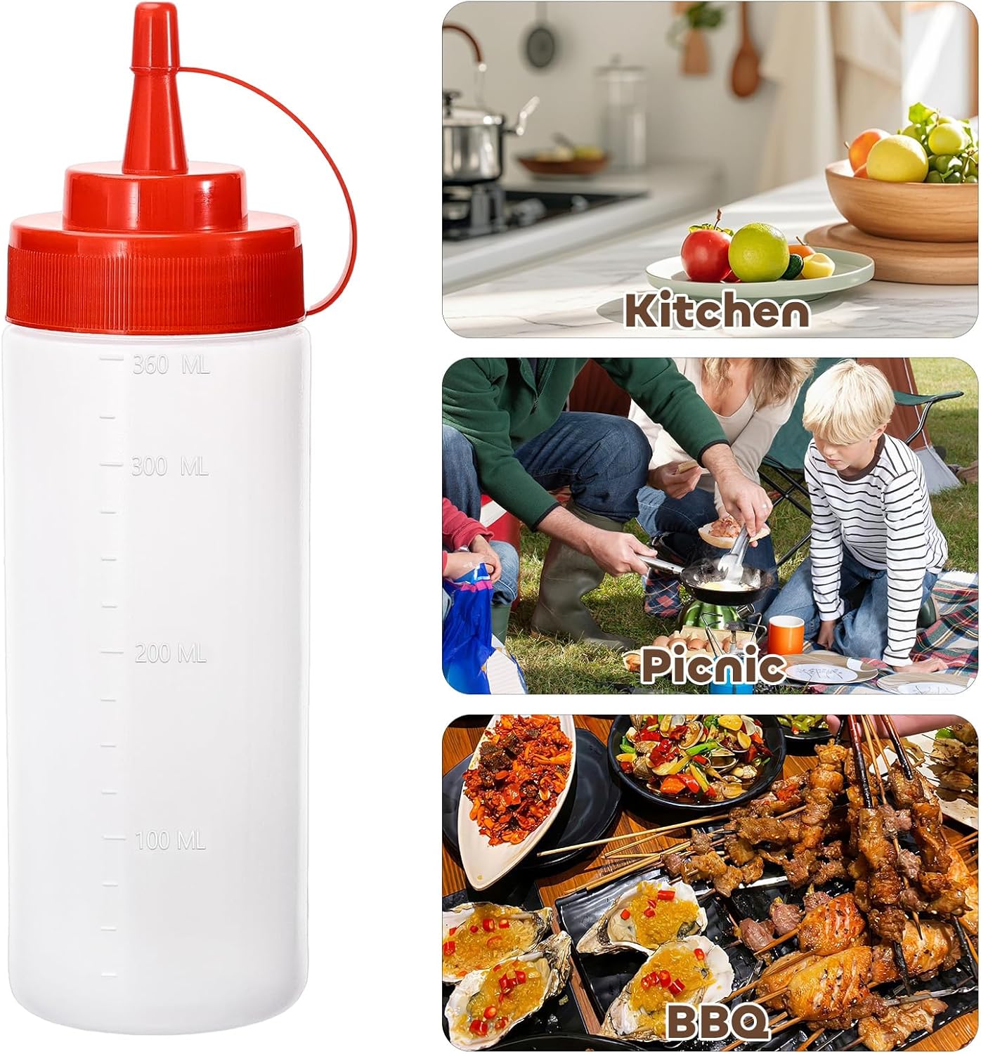 Condiment Squeeze Bottles Ketchup Dispenser, 6 Pack 12oz Squeeze Bottles for Liquids, Plastic Sauce Bottle with Cap Lid, Squirt Bottles for Sauces Liquids BBQ Dressing Pancake Art