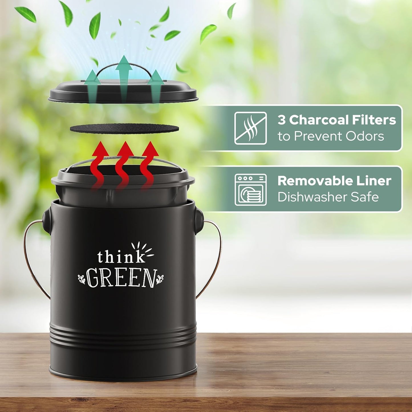 Barnyard Designs Compost Bin for Kitchen Counter - 1.2 Gallon Countertop Composter with Extra Smell-Absorbing Filters and Inner Bucket for Easy Cleaning - Food Waste Bin for Kitchen with Lid (Black)