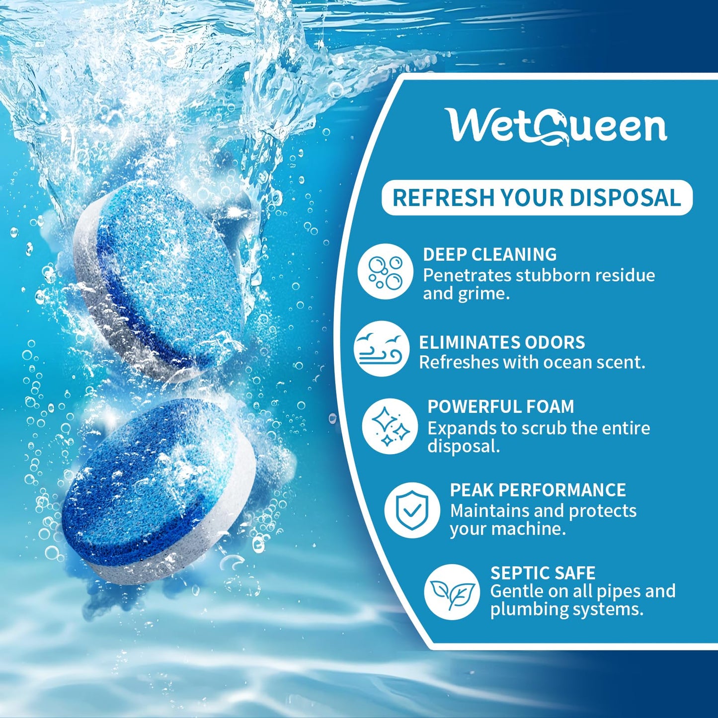 Wetqueen Garbage Disposal Cleaner and Deodorizer Tablets - 24 Pack, Fresh Ocean Scent, Powerful XL