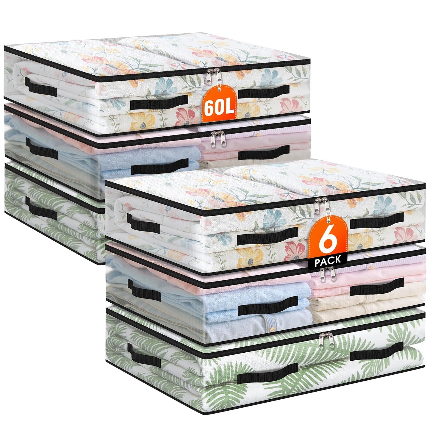 6 Pack Under Bed Storage Bags, 60L Foldable Clear Containers with Handles