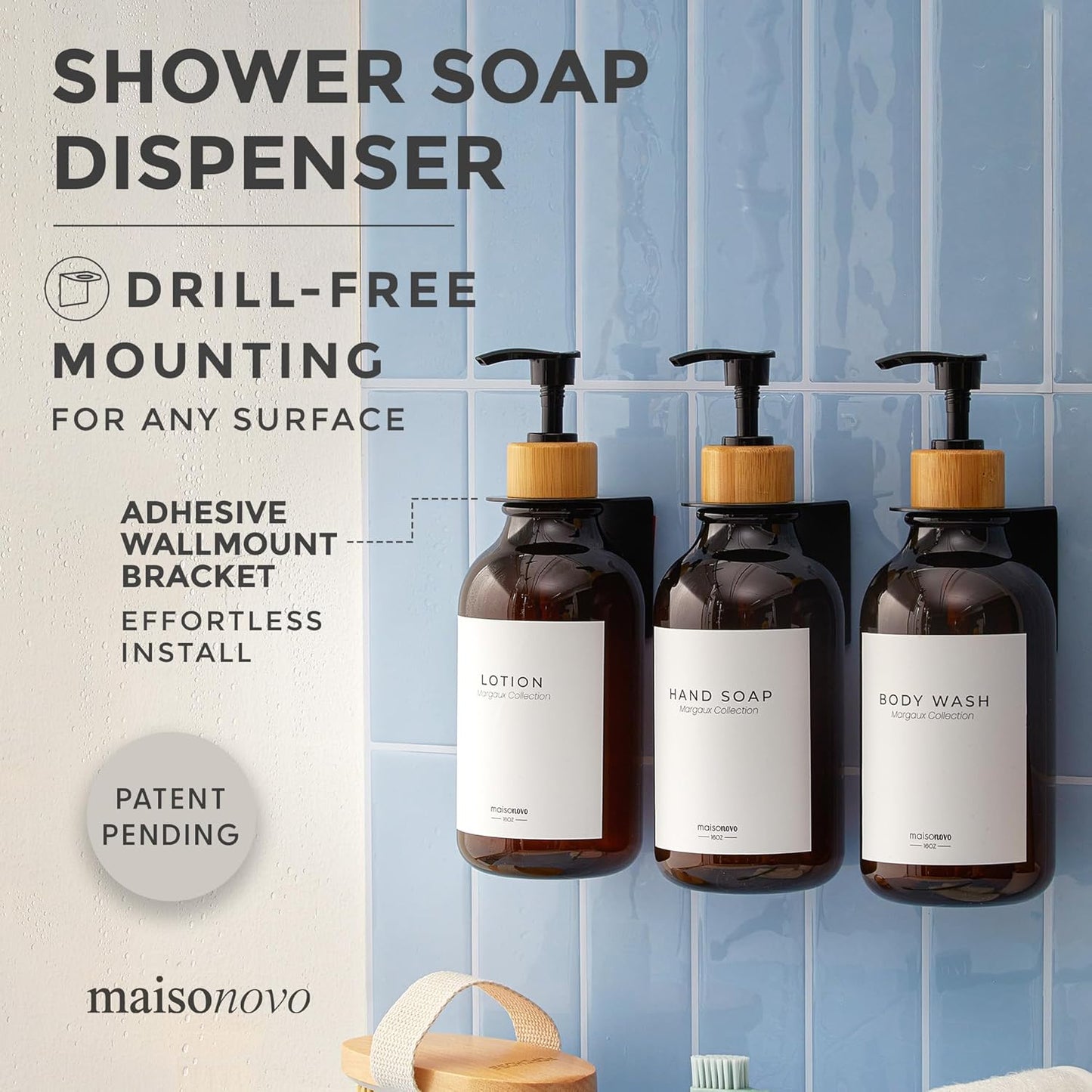 MaisoNovo Shampoo and Conditioner Dispenser - Shower Soap Dispenser Wall Mounted - 16.9 fl oz Set of 3 Amber Plastic Bottles Black Bamboo Pump - Shampoo Dispenser, Shower Dispenser 3 Chamber No Drill