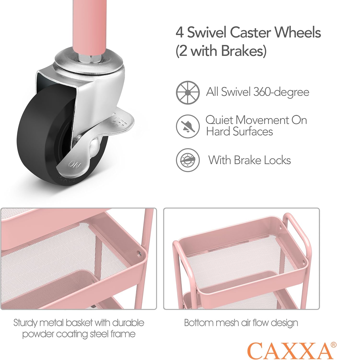 CAXXA 3-Tier Rolling Metal Storage Organizer - Mobile Utility Cart with Caster Wheels, Pink