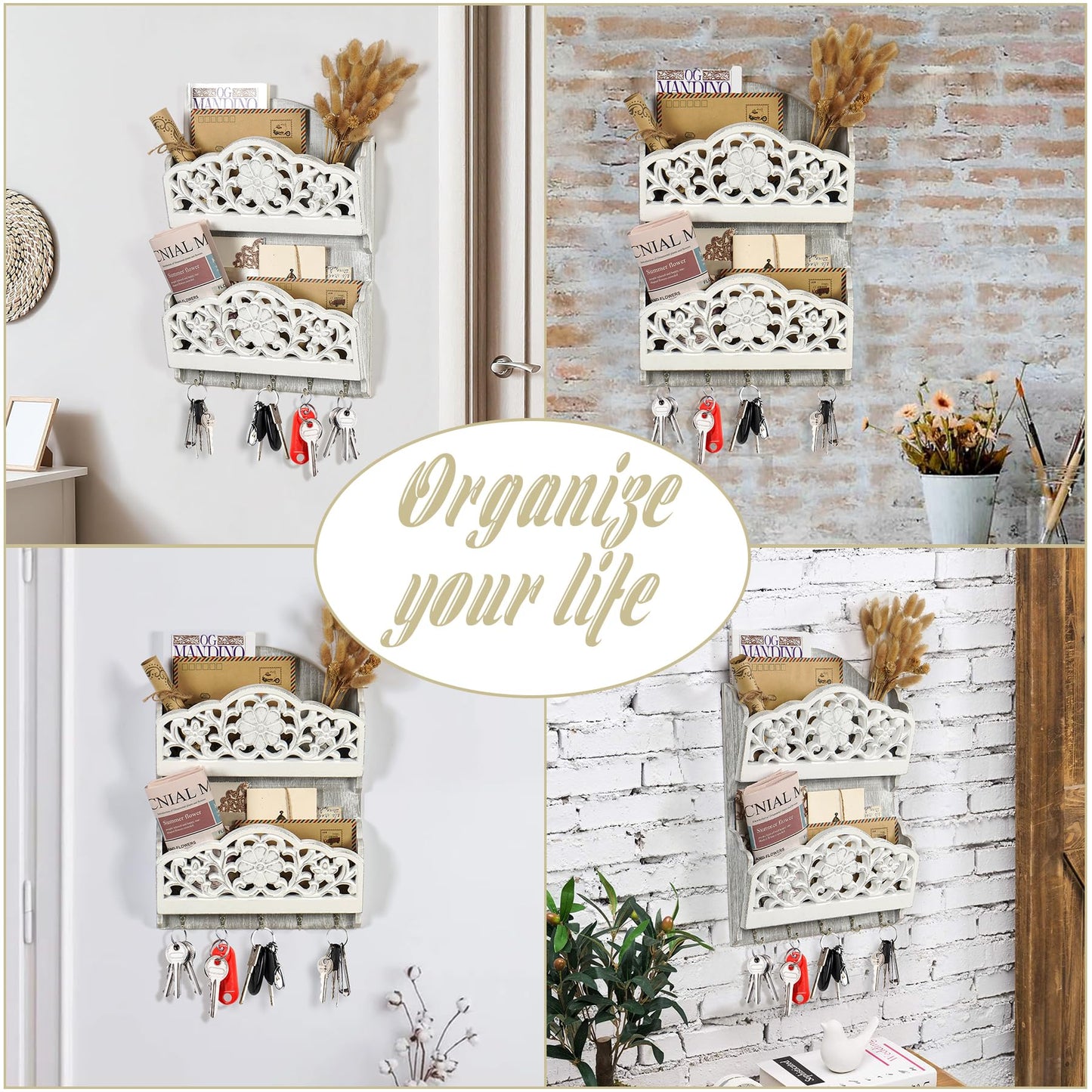 Key and Mail Holder for Wall, 2-Slot Mail Organizer Wall Mount 5 Key Hooks