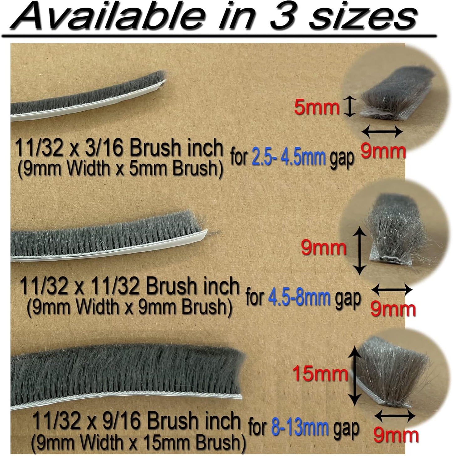 Fuzzy Weatherstripping for Window and Door Frame Side, Pile Self Adhesive Brush Weather Strip Seal Strip Sealer Felt Insulation (16ft x11/32 Backing x 9/16 Brush inch, Grey)