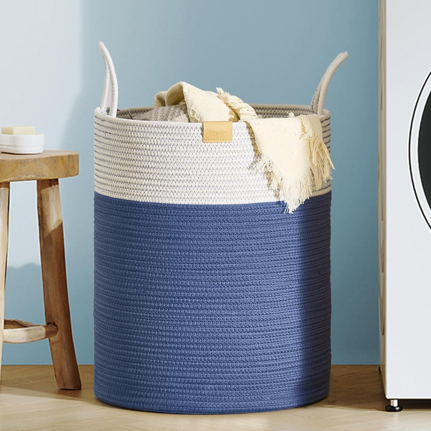 Laundry Hamper 62L,Large Laundry Basket for Clothes,Decorative Storage Basket for Blankets,Cotton Rope Woven basket for bedroom,Navy Blue