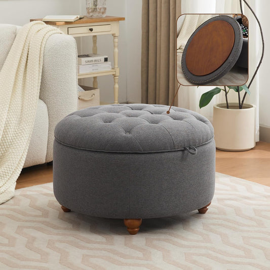 30Inch Round Storage Ottoman with Tray, Modern Tufted Fabric Circle Coffee Table with Storage