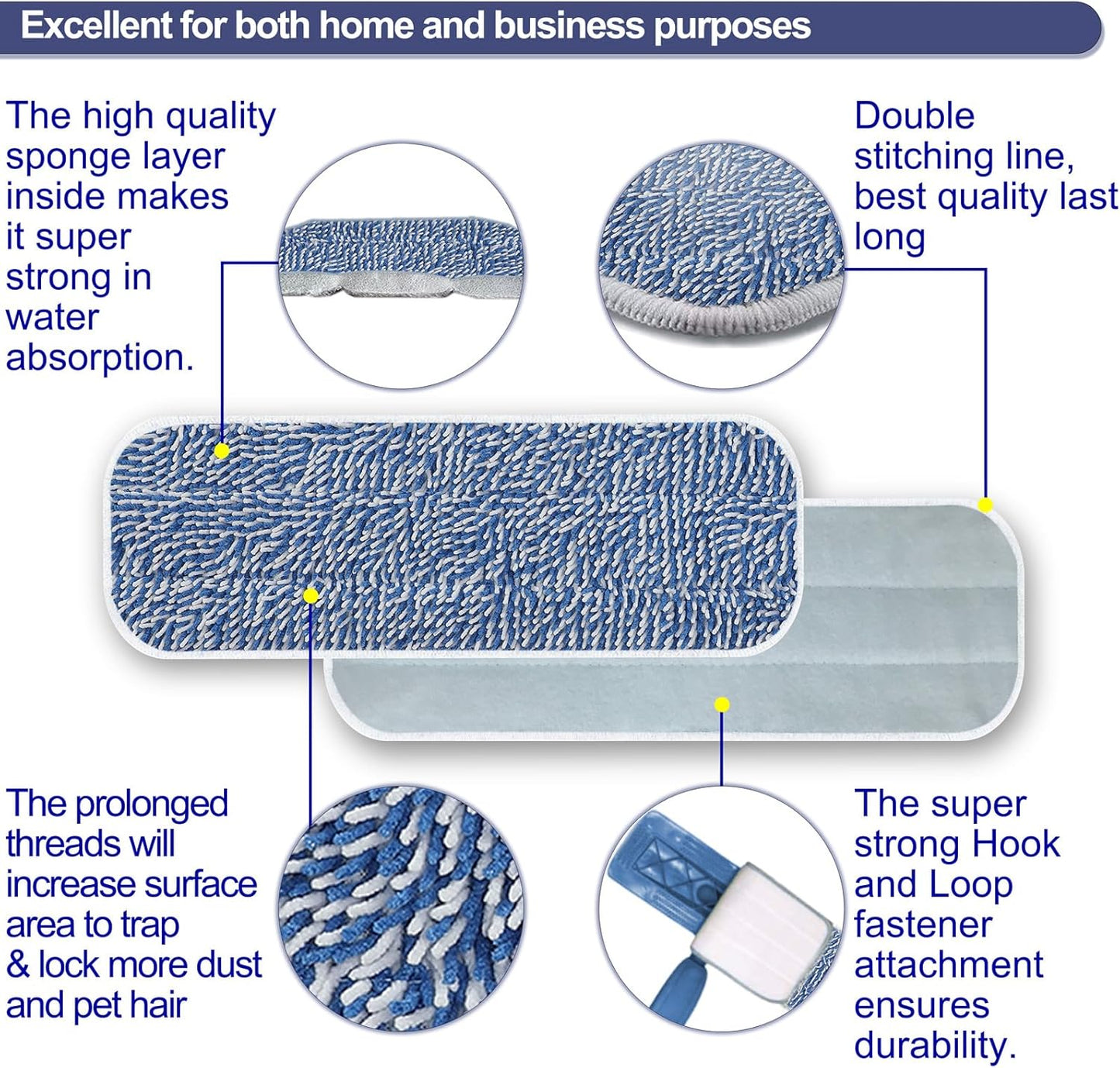 Replacement Mop Pad 16.5''x5.5'' for Floor Cleaning, 5 Pack Chenille Dust Mop Head Refills Attract and Pick Up Pet Hair, Washable Dry Cleaning Pads Compatible with Bona Mop and Most Spray Mops