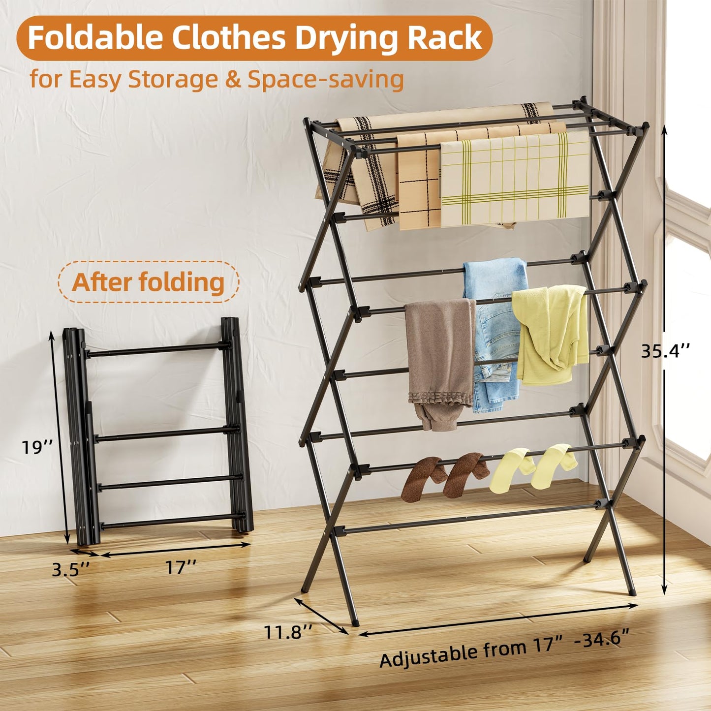 FILROUG Drying Rack Clothing, 3-Tier Clothes Drying Rack Foldable, Antirust Laundry Drying Rack