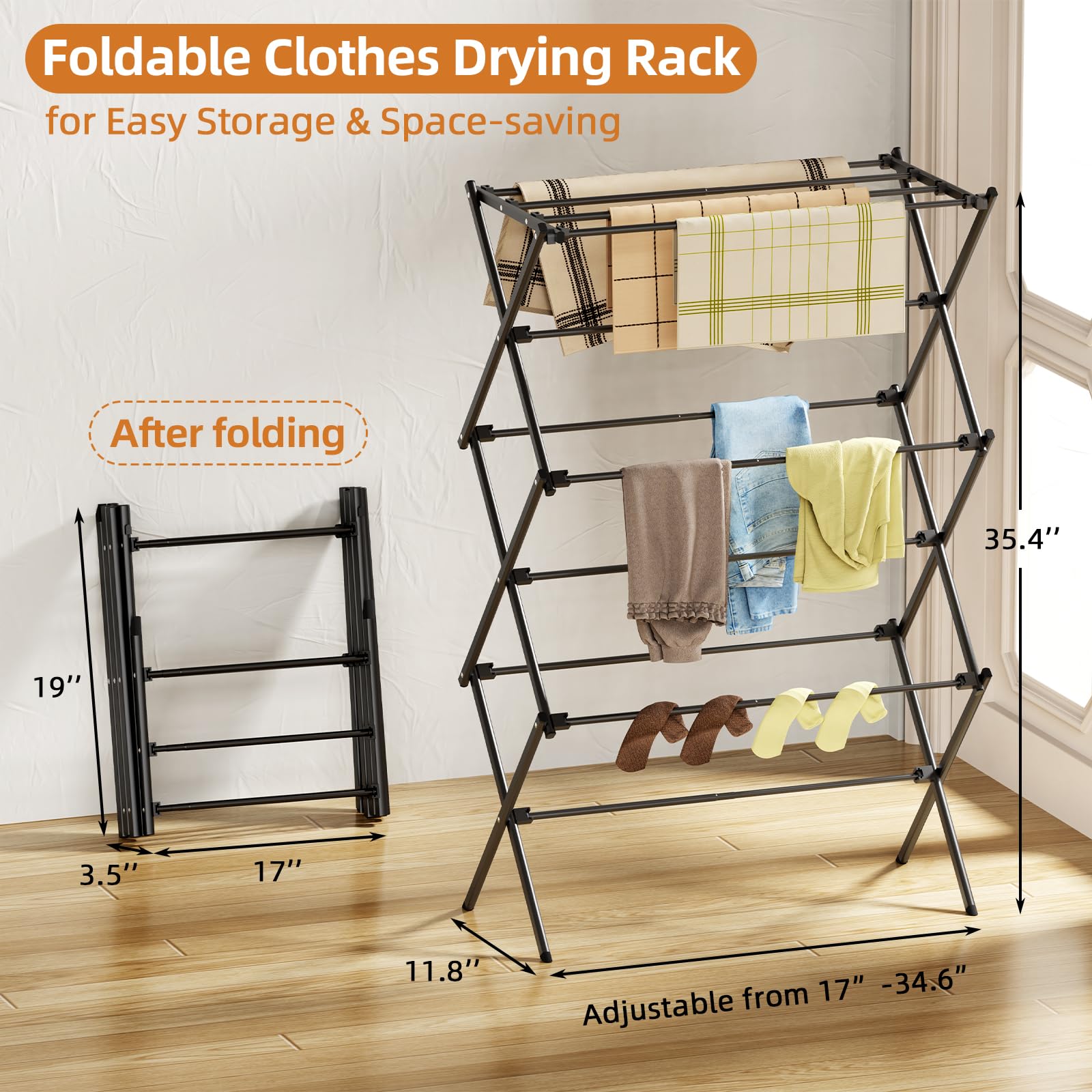 FILROUG Drying Rack Clothing, 3-Tier Clothes Drying Rack Foldable, Antirust Laundry Drying Rack