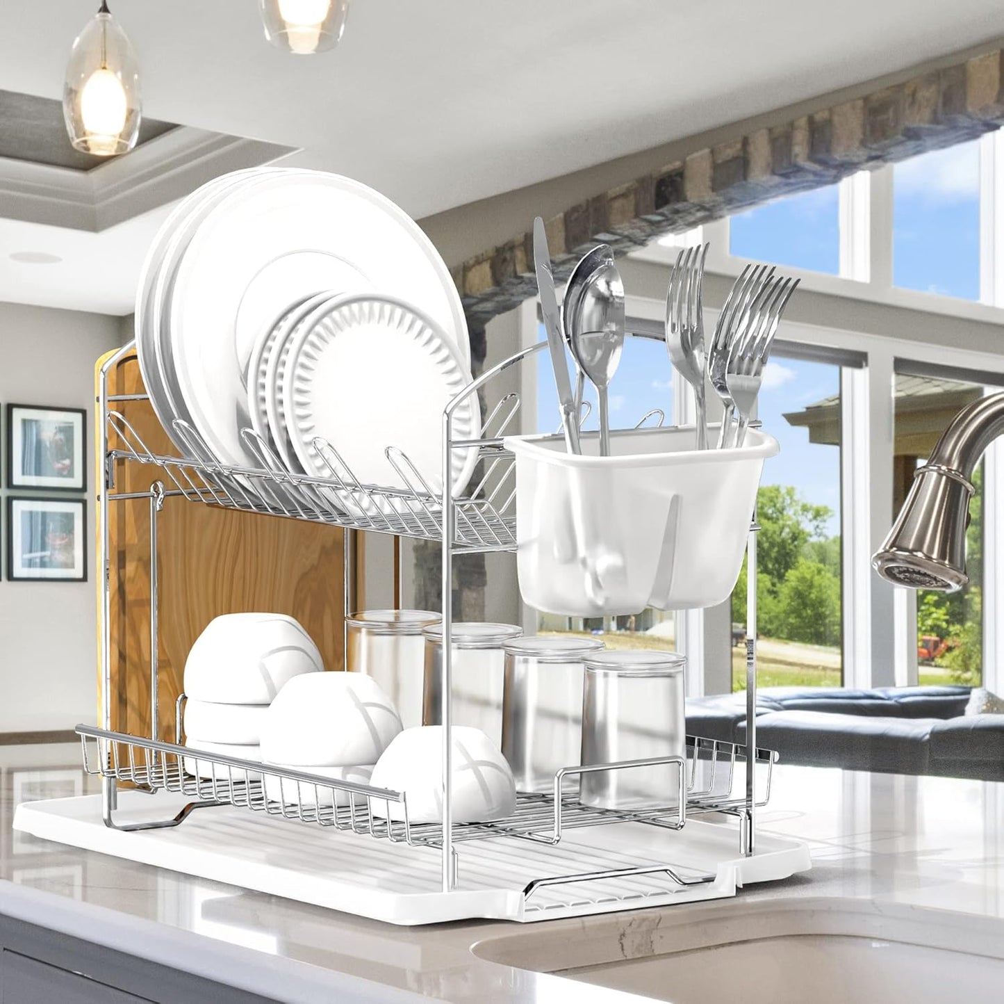 Simple Houseware 2-Tier Stainless Steel Dish Rack with Drainboard, Chrome for Kitchen