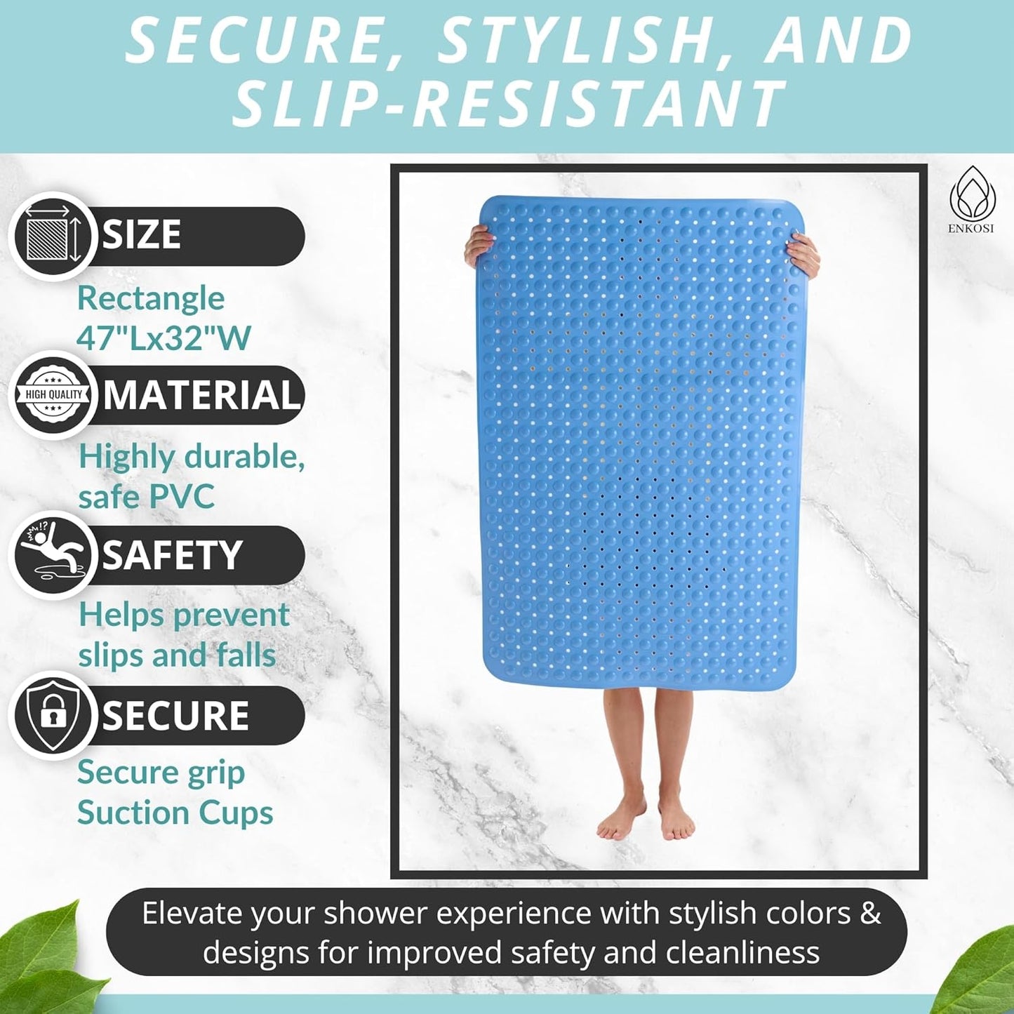 ENKOSI Extra Large Shower Mat Non Slip - 47 x 32 inch - XL Bathroom Shower Mat - Large Shower Matts for Shower Stall Floors - Secure Suction Cups and Drain Holes (47x32 Aqua Blue)