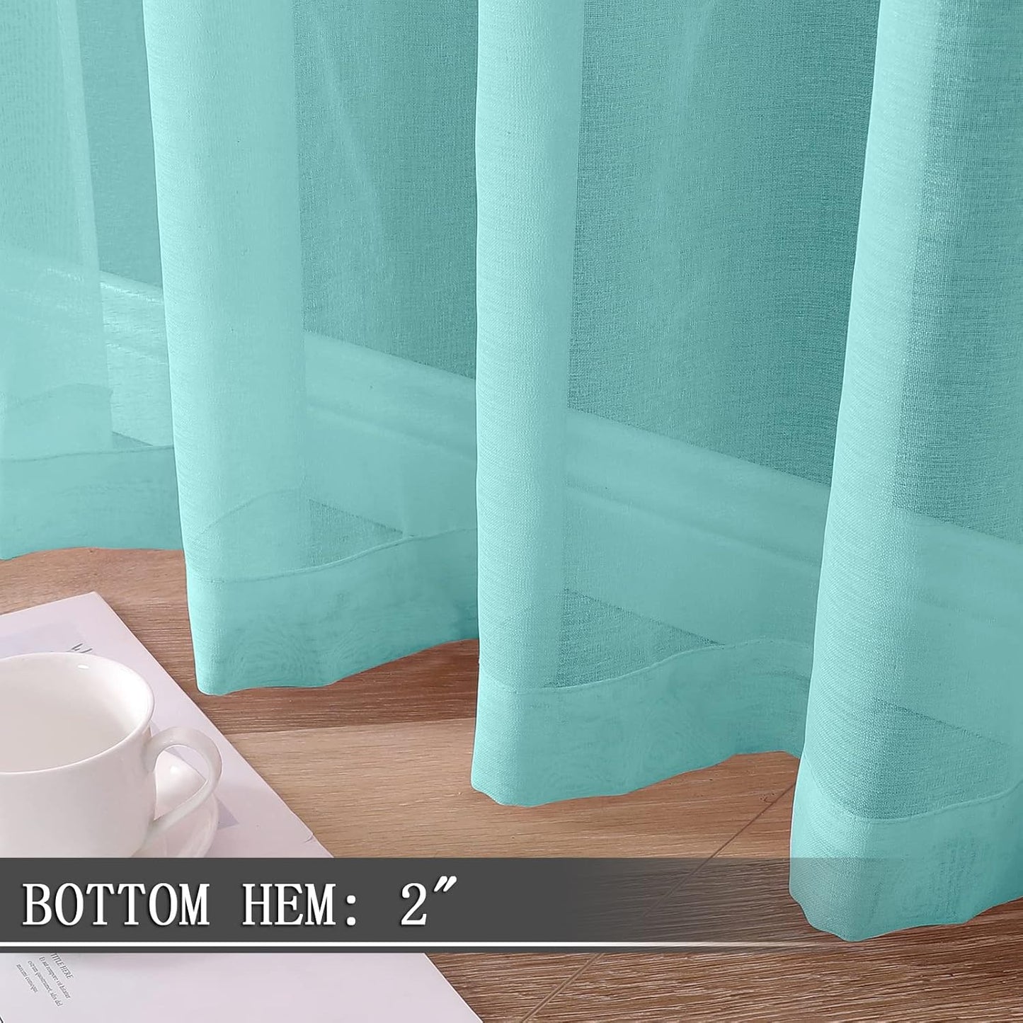 Tollpiz Sheer Curtains Linen Textured Living Room Curtain Sheers Light Filtering Rod Pocket Voile Curtains for Bedroom, 42 x 63 inches Long, Crystal Blue, Set of 2 Panels