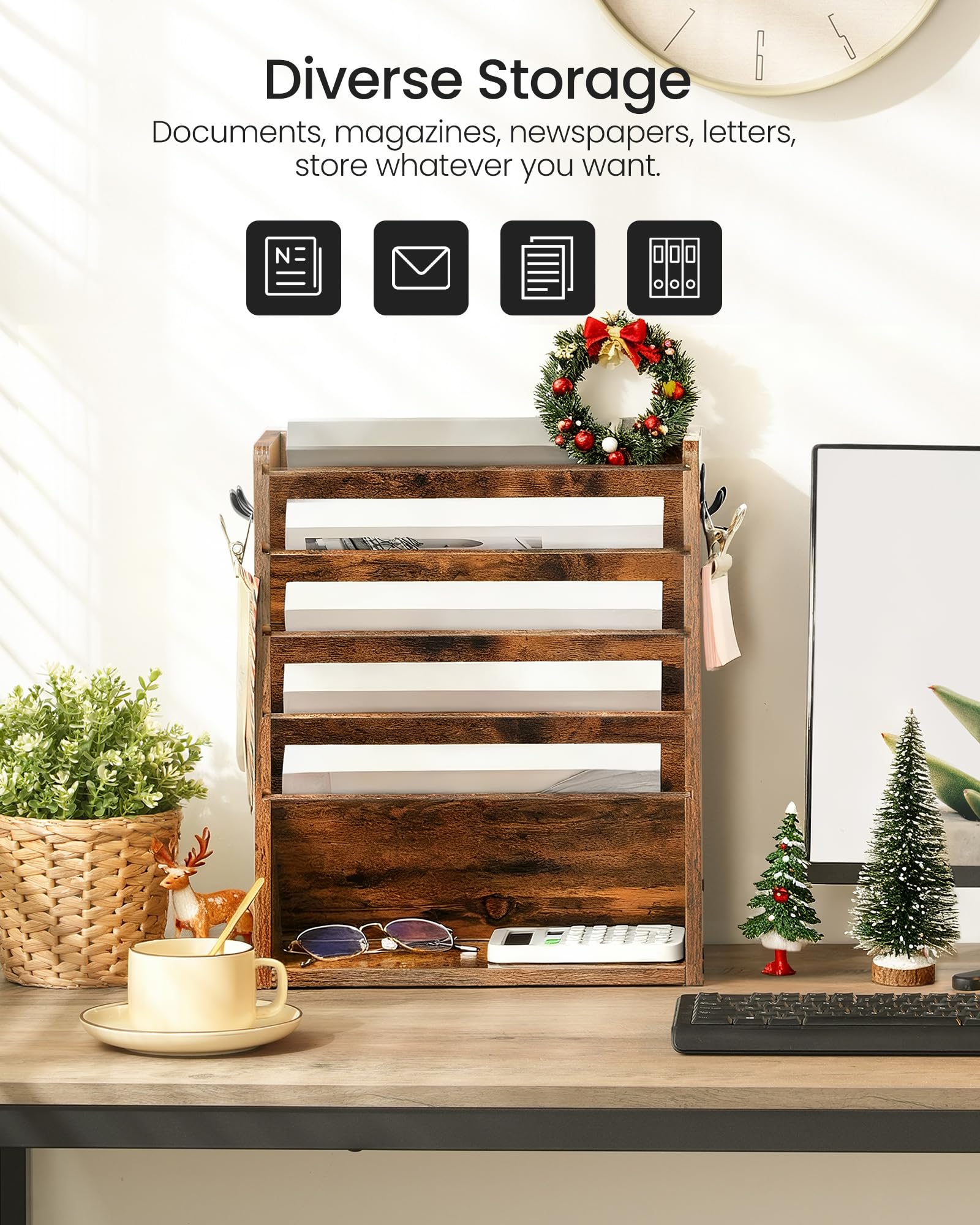 CHOEZON Wall File Organizer, 6-Tier Vertical Mount Hanging Holder with 2 Side Hooks, Vintage Wooden