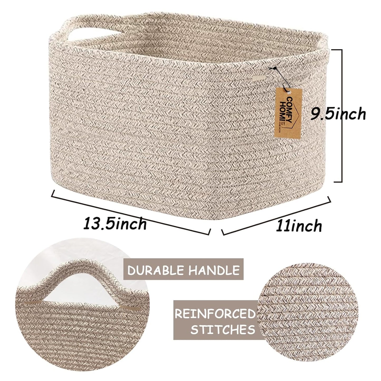 COMFY-HOMI 3PACK Cotton Rope Woven Basket With Handles for Shelves, Toy, Book, Cloth Storage Basket for Organizing|13.5" x 11" x 9.5" Decorative Nursery Cube Bin for Living Room（all brown）