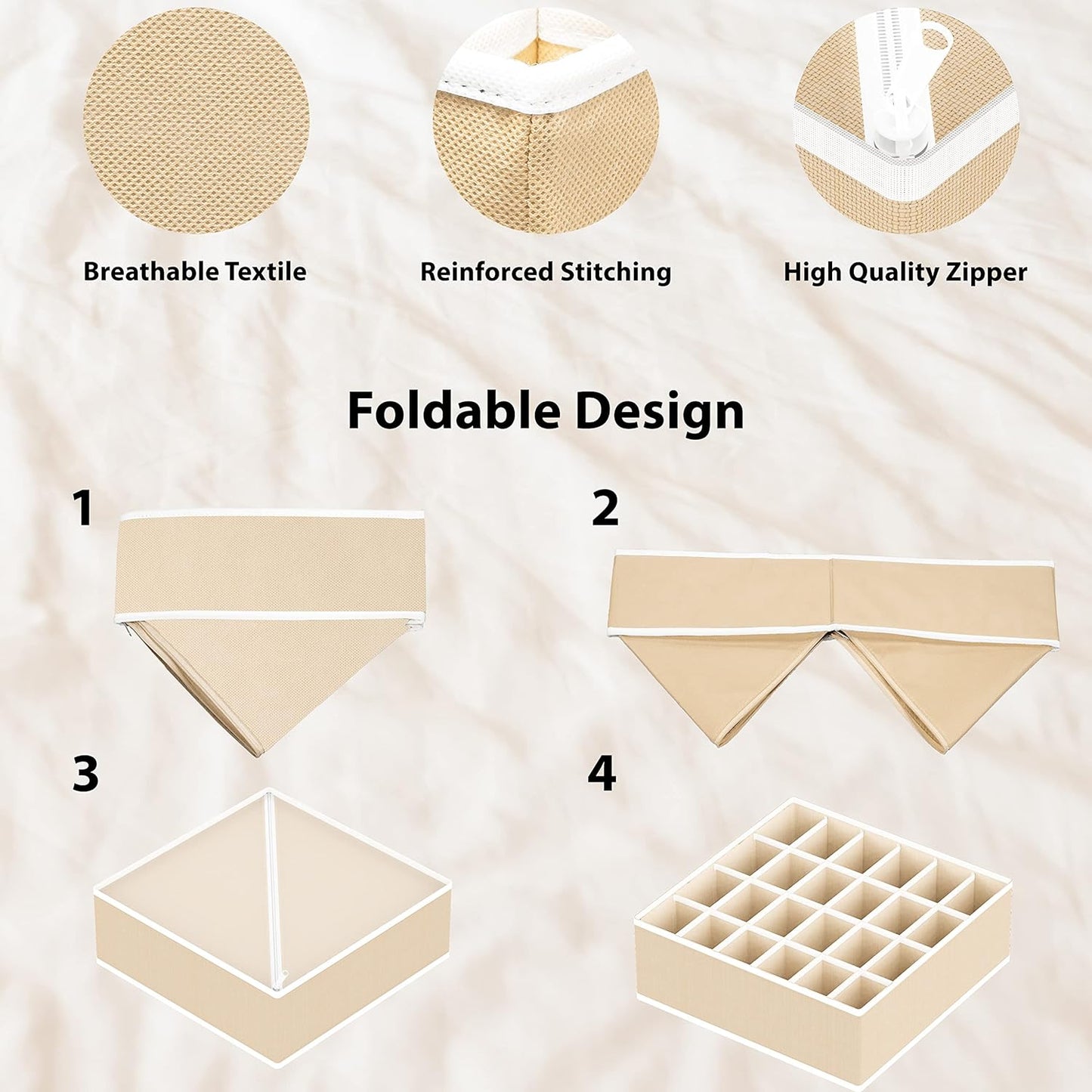 Simple Houseware 4-Pack Drawer Organizer Set - Closet Dividers for Underwear, Socks, Bras, Scarves, Ties - Foldable Non-Woven Storage Boxes, Beige