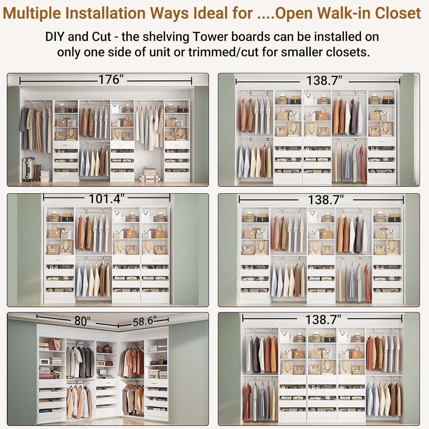 Aheaplus Closet System Set of 3, 138.5" Wood Closet Organizer System Tower with 12 Drawers & 4 Hanging Rods, 6.7+4.85Ft L Shaped Walk-in Closets Wardrobe Organizer Garment Rack with Shelves, White