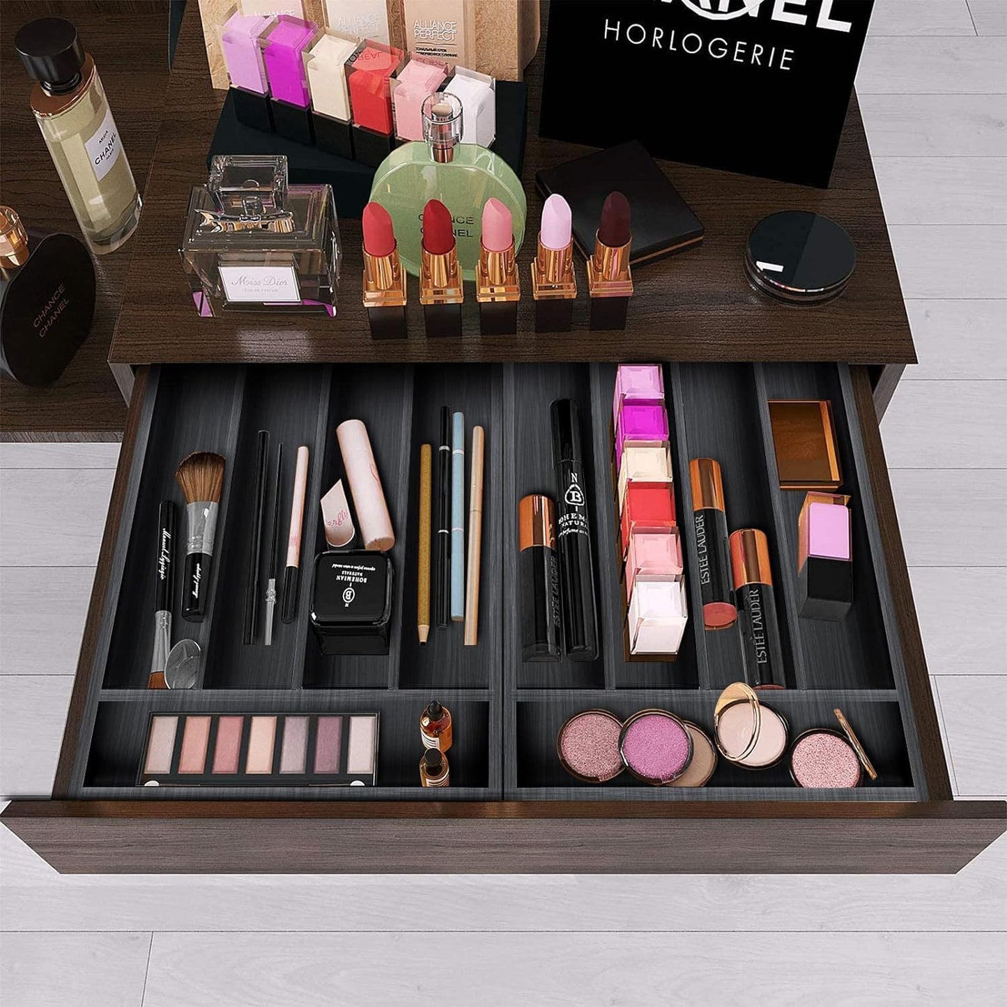 Small Kitchen Utensil Organizer Wooden Cutlery Tray Narrow Wood Silverware Holder Drawer Divider Flatware Organizer Storage Silverware Utensils Tray Black Bamboo Spoon Cutlery Organizer for Drawer