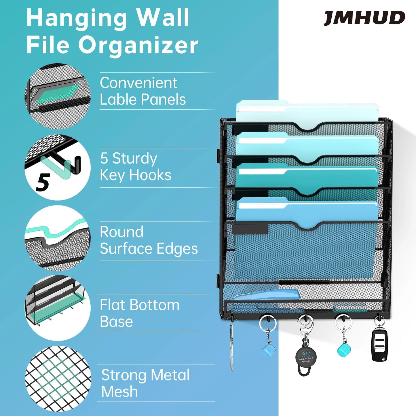 JMHUD 5-Tier Wall File Organizer and Mail Organizer with 5 Hooks, Black