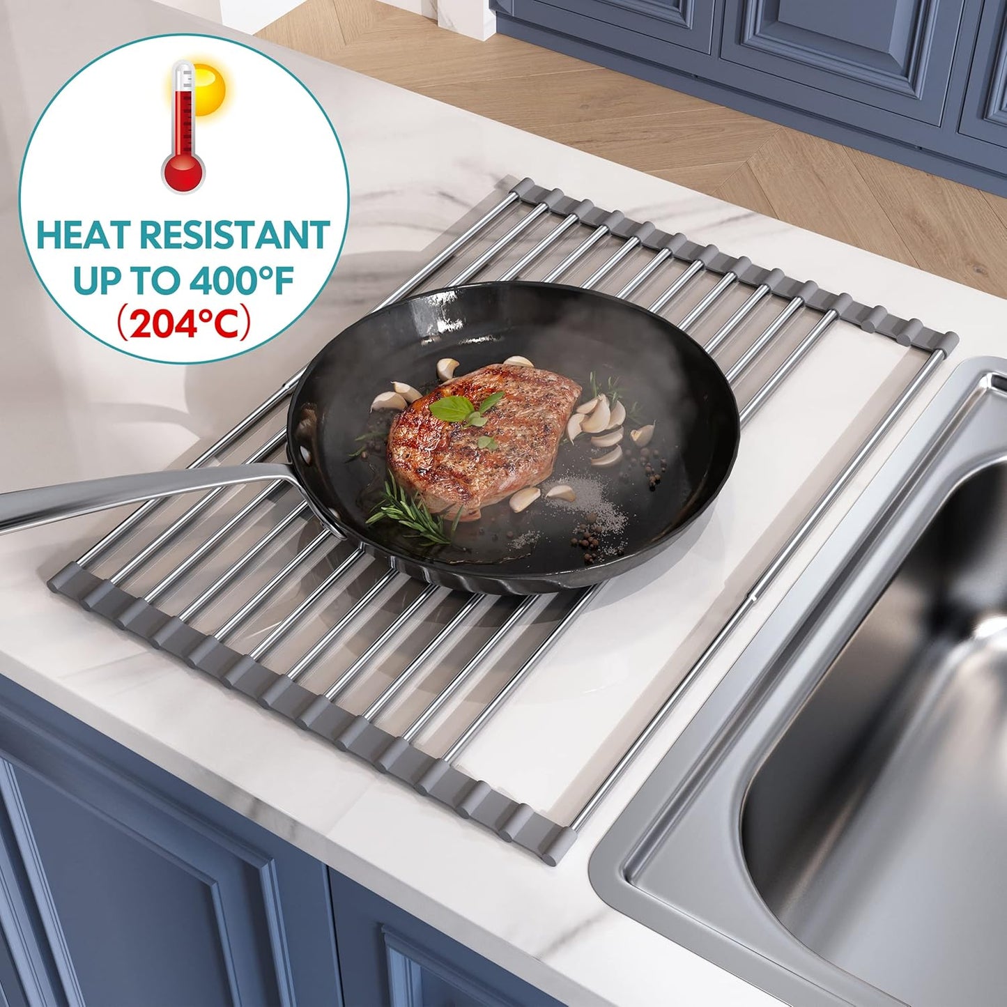 JASIWAY Roll Up Dish Drying Rack, Expandable (12.8"-23.8" D x 12.8" W) Stainless Steel Portable Drainer for Kitchen Sink Counter, Foldable Over The Sink Cover with Removable Utensil Holder