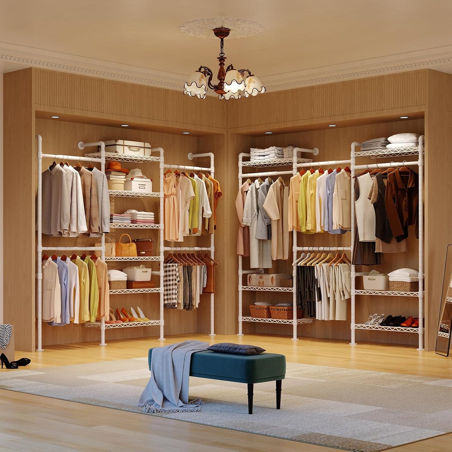 ONBRILL H3 Wall Mounted Closet System, Expandable Industrial Pipe Clothes Rack Clothing Rack for Hanging Clothes, Heavy Duty Closet Organizers and Storage in Wardrobe Closet, White