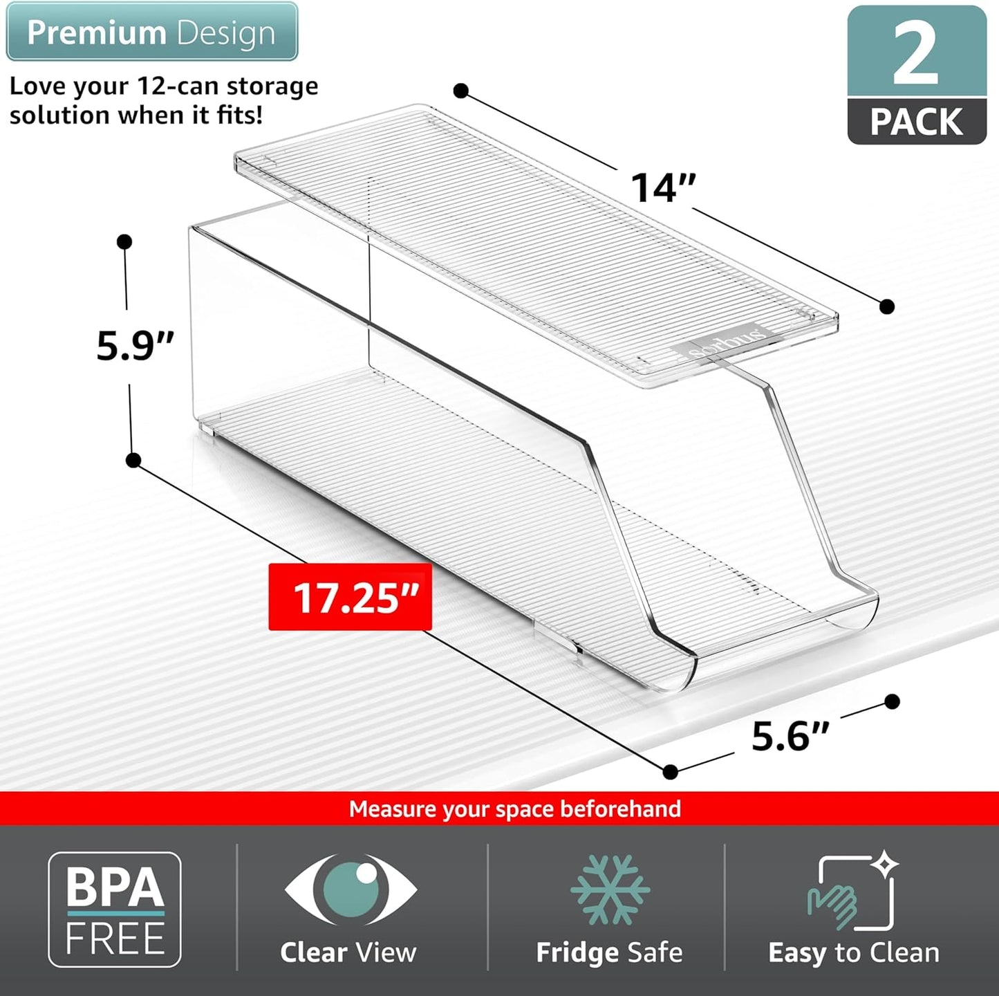 Sorbus Soda Can Organizer for Refrigerator Stackable Can Holder Dispenser with Lid for Fridge, Pantry, Freezer – Holds 12 Cans Each, BPA-Free, Clear Design, (2-Pack)