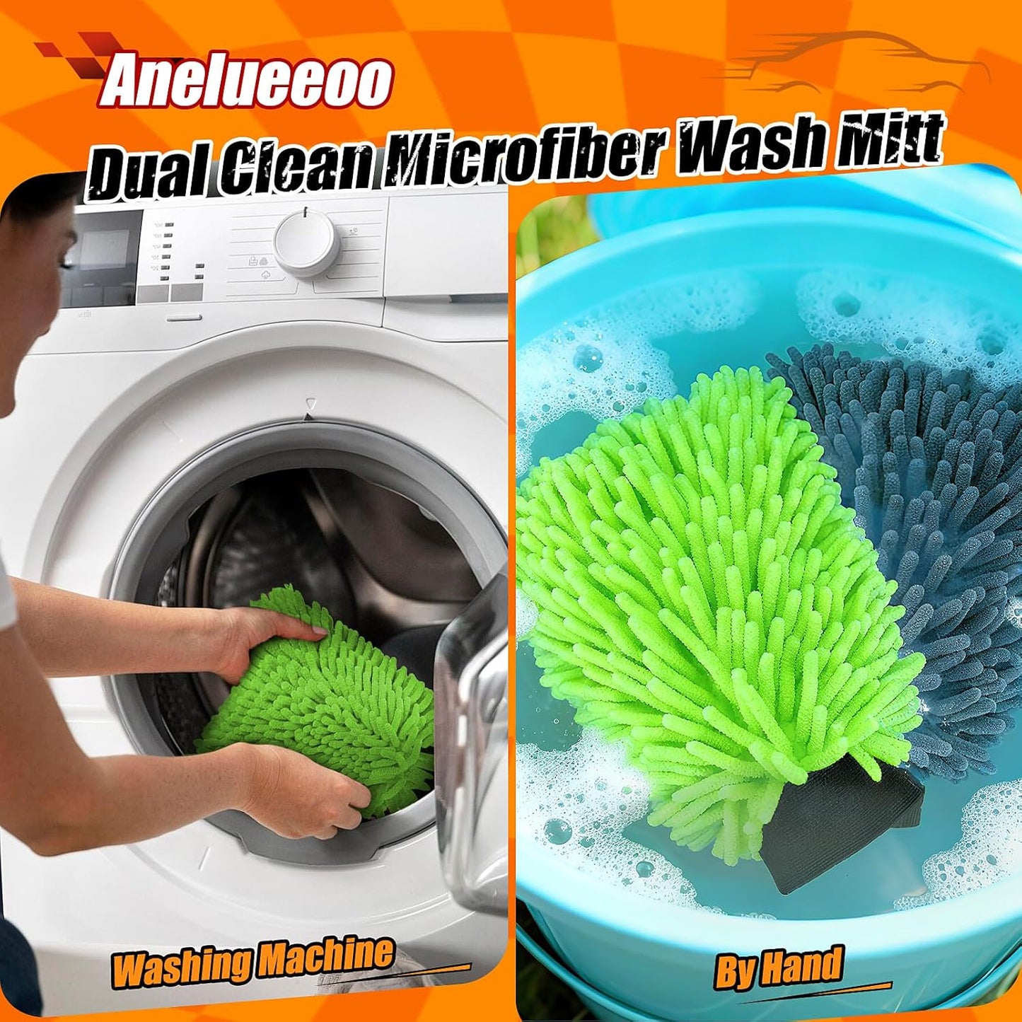 Car Wash Mitt Microfiber, Premium Chenille Microfiber Wash Car Mitts Sponge Scratch Free & Lint-Free, Mitts Waterproof Lining 2 Pack Green (8''X12'')