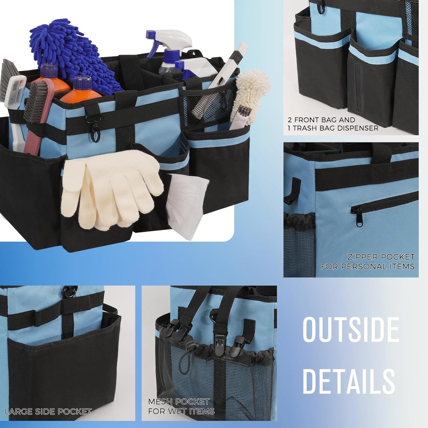 Wearable Cleaning Caddy, Cleaning Caddy Supplies Organizer with Handle & Shoulder Straps for Housekeepers, Under Sink & Car Cleaning Tool Organizers Bag with 4 Foldable Divider (Blue)