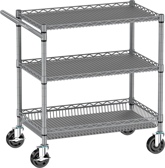 Metal Heavy Duty Carts with Wheels 1050lbs, 3 Tier Rolling Utility Cart with Storage, Steel Wire
