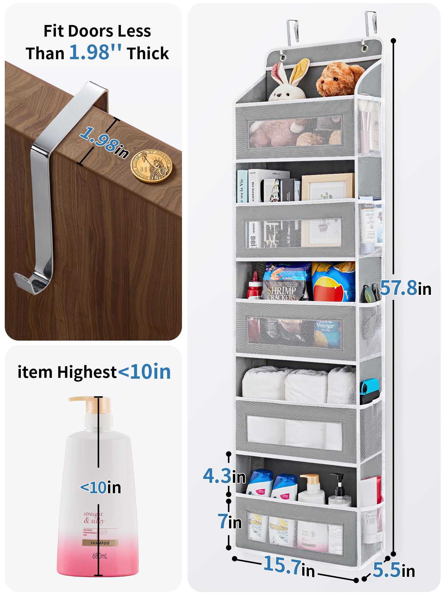 JARLINK Over the Door Organizer for Bedroom, Pantry, Bathroom, 5 Shelf Grey