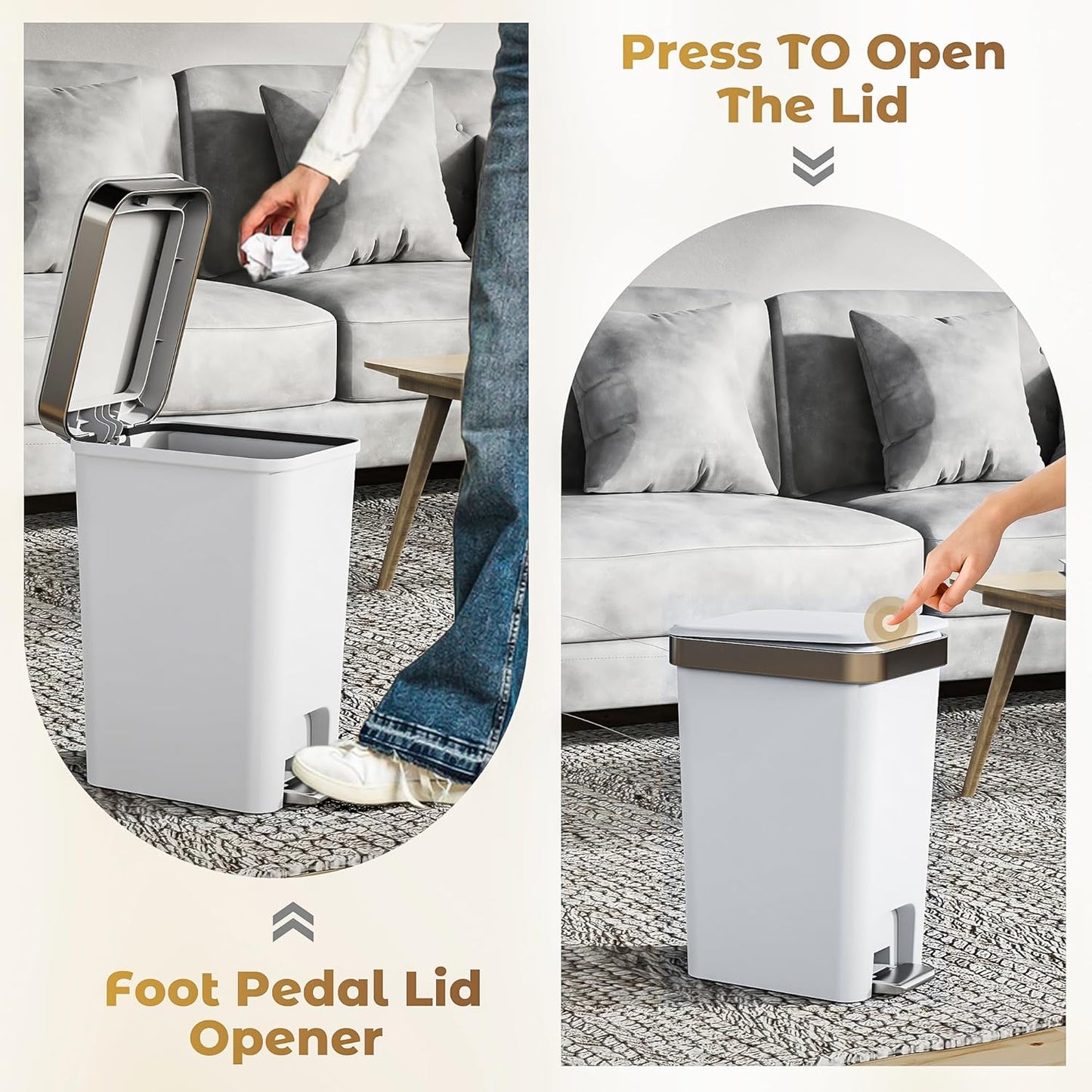 Small Bathroom Trash Can with Lid Soft Close, 10 Liter/2.6 Gallon Slim Garbage Can-Metal Step and Press top Lid, Mini Modern Waste Basket for Toilet, Office, Bedroom,Dorm,Grayish-White