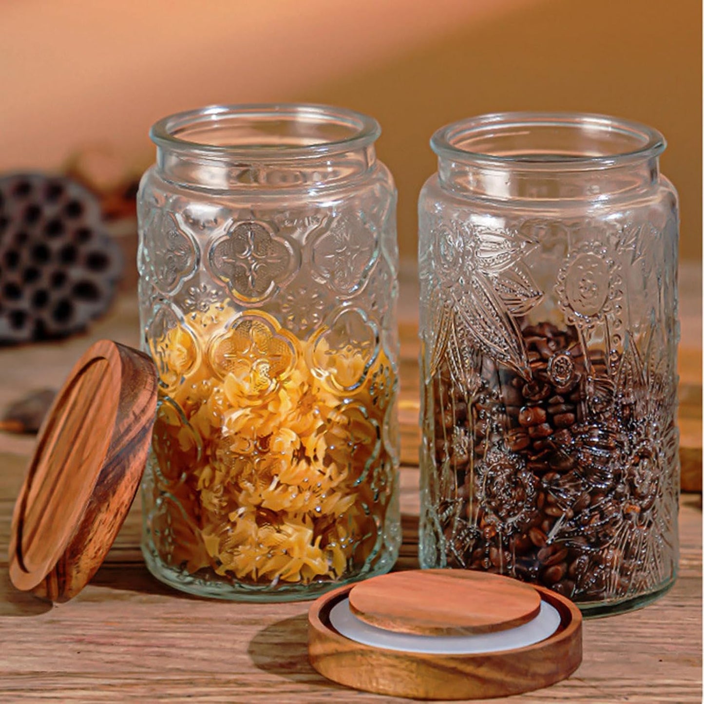 34 OZ/2 PCS Glass Storage Jar with Airtight Bamboo Wooden Lids, Vintage Food Containers Canisters Sets for Kitchen Counter Pantry, Sugar, Flour, Candy, Tea, Coffee Beans, Oats, Grain Bin, Pasta,