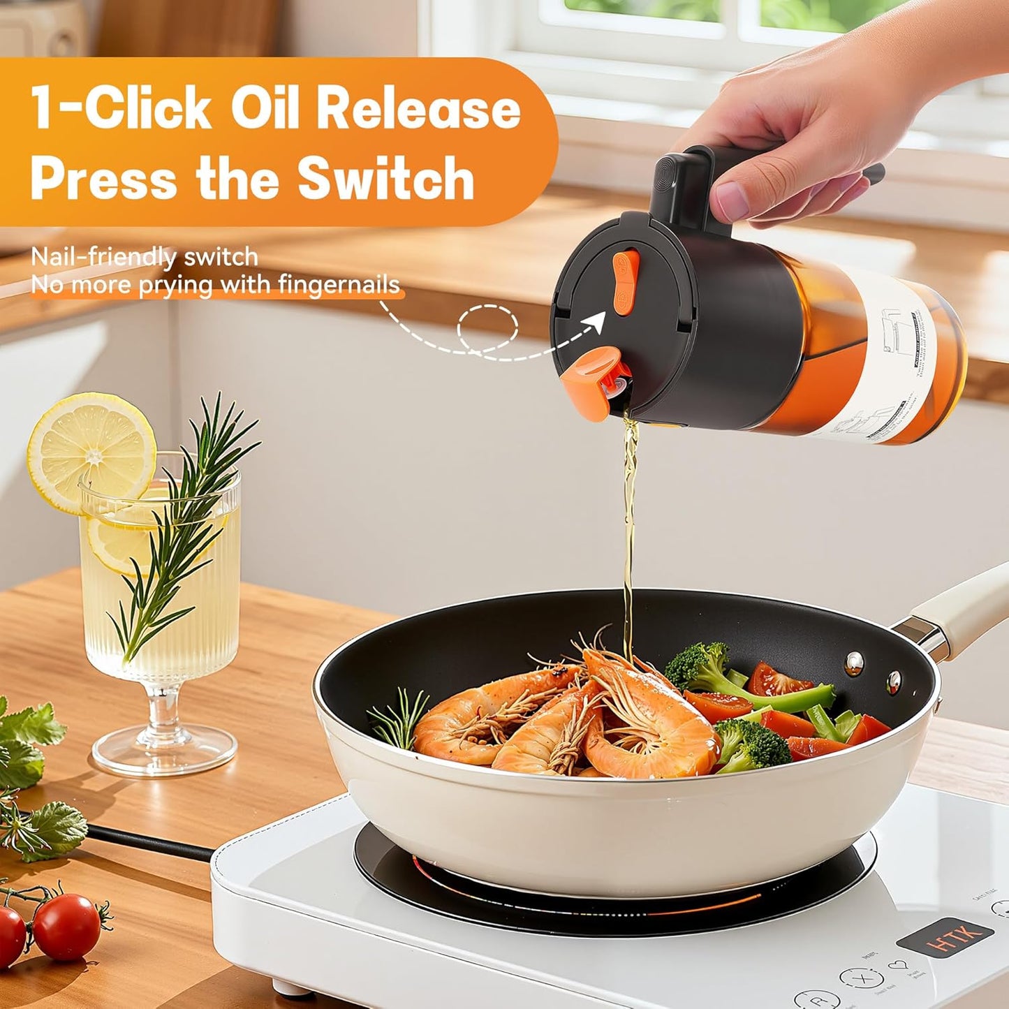 Upgrade 2 in 1 Oil Sprayer for Cooking, 17oz Light-Blocking Glass Olive Oil Dispenser Bottle for Kitchen,Food-Grade Oil Mister with 8 Stickers for Salad, Frying (Brown Bottle-Black Cap)