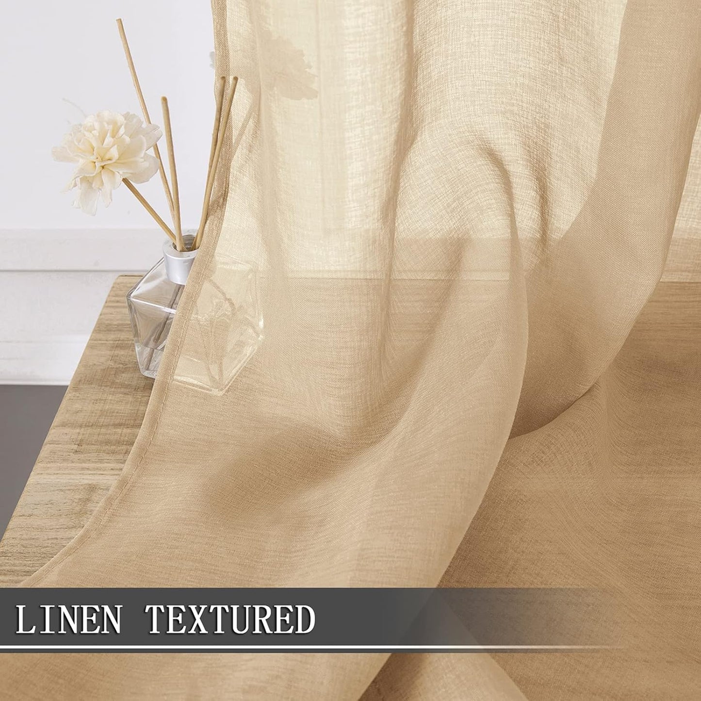 Tollpiz Sheer Curtain Linen Textured Bedroom Curtains Sheer Light Filtering Rod Pocket Voile Curtain for Living Room, 54 x 95 inches Long, Beige, Set of 2 Panels