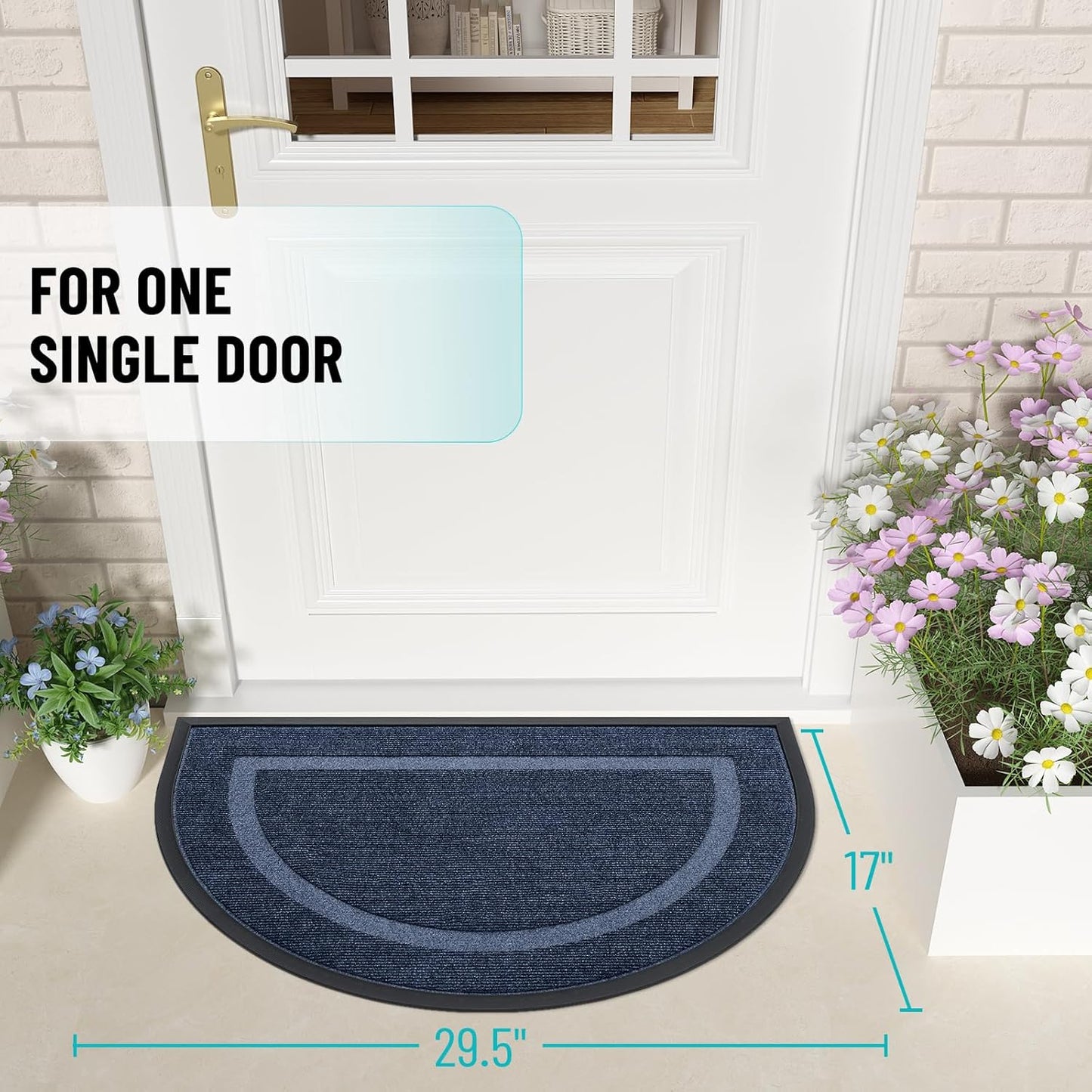 OLANLY Half Circle Door Mat Indoor Outdoor Entrance Welcome, Waterproof All-Season, All-Weather Doormat, Sturdy Natural Rubber, Low Profile, Easy Clean Patio Porch Entryway Mat, 29.5x17, Blue