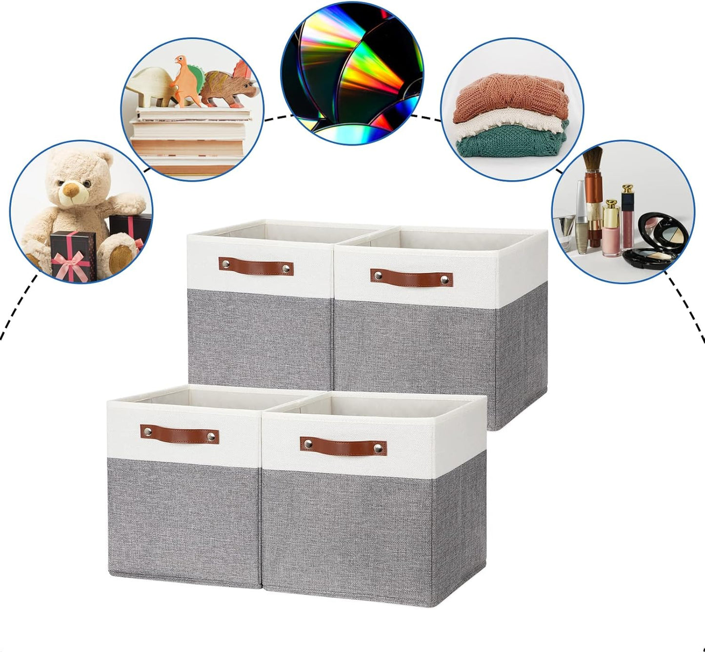 DULLEMELO Storage Cubes 12 inch, Collapsible Sturdy Cube Storage Bins With Handles for Organizing,Fabric Storage Baskets for Shelves Nursery Closet Home Organization and Storage (White&Grey-4 Pack)