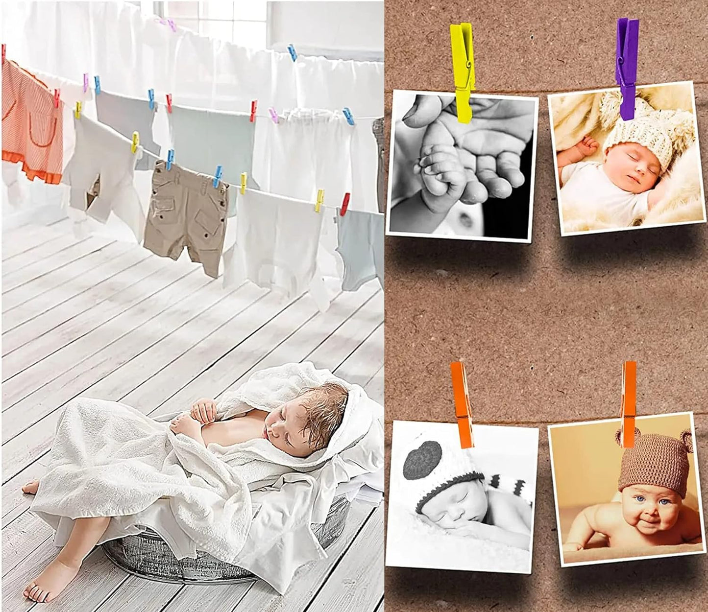 1.9 Inch White Small Clothes Pins Paper Picture School Work Holders Baby Shower Clothing Line Clips with Twine Pack 50