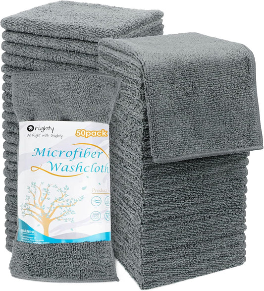 Orighty Washcloths Bulk Towel Sets 50 Pack, Highly Absorbent and Super Soft Microfiber Fingertip Towels, Multi-Purpose Wash Cloths for Bathroom, Hotel, Gym, and SPA, 12x12 Inch, Grey